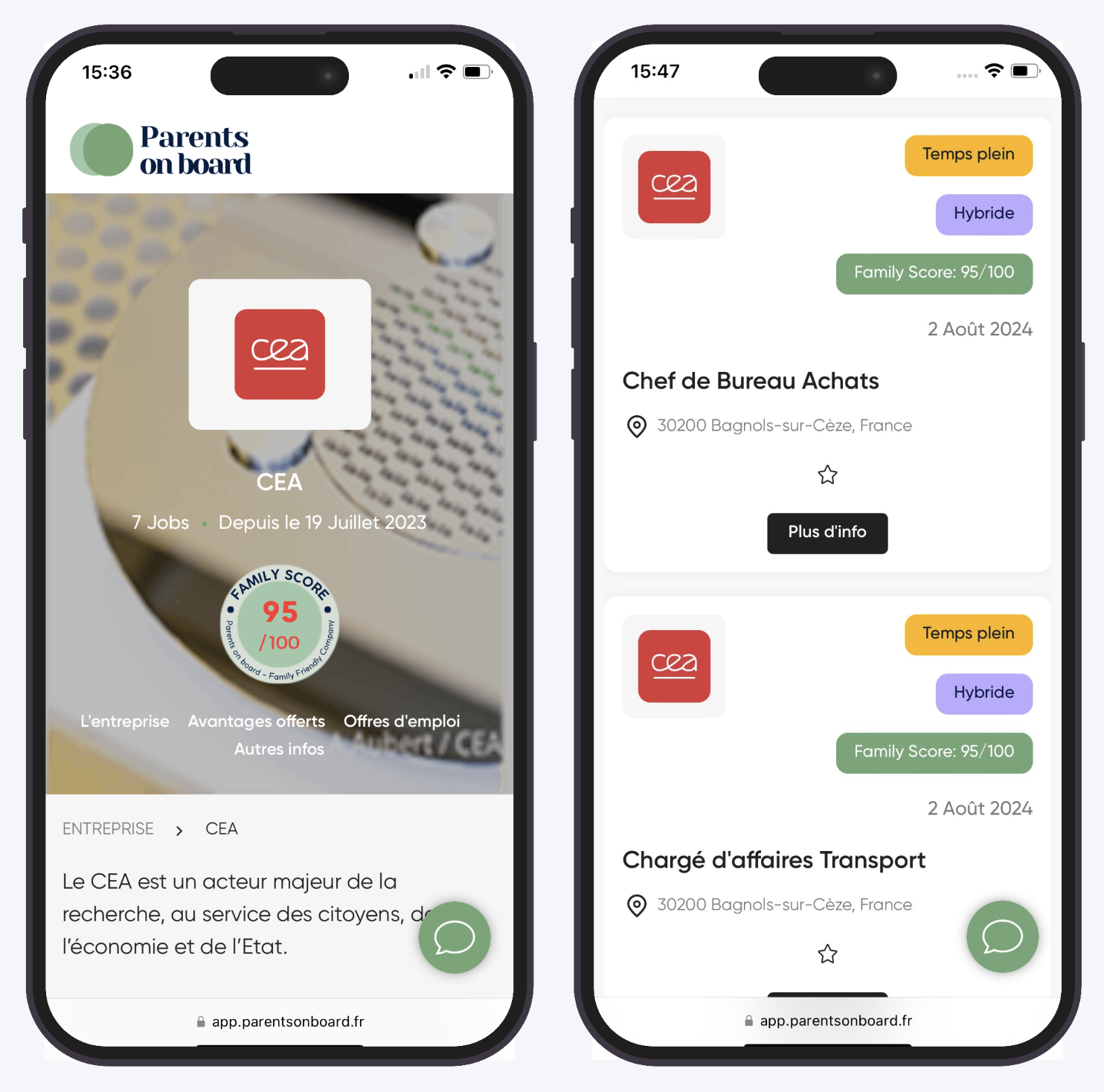 parents-on-board-recherche-emploi Exemple d'une page vitrine d'entreprise qui recrute sur Parents on board et exemples d'offres d'emploi à pourvoir.